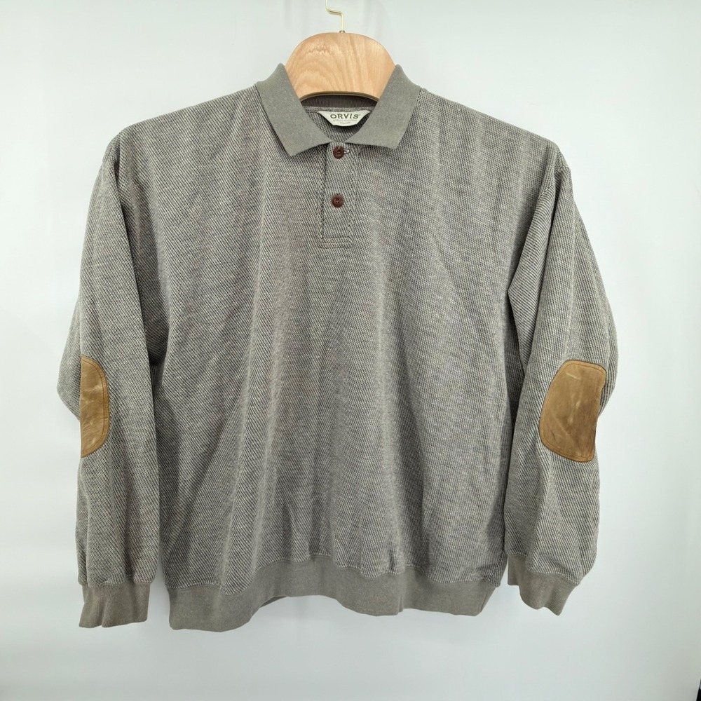 Orvis Pullover Sweater Mens XXL Gray Quarter Button Collar Elbow Patch Sporting